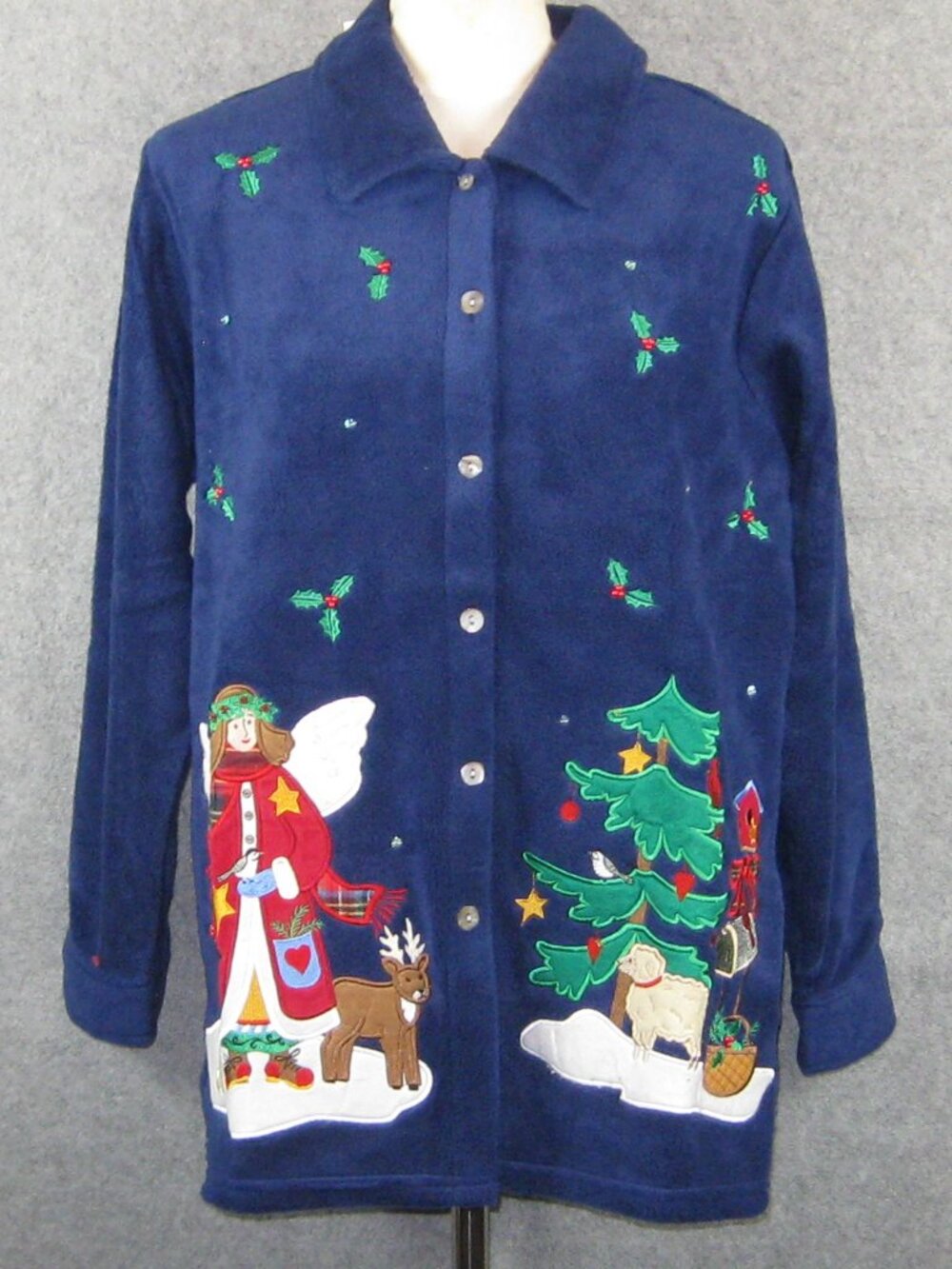 Quacker Factory Christmas Holiday Angel Fleece Jacket M Blue